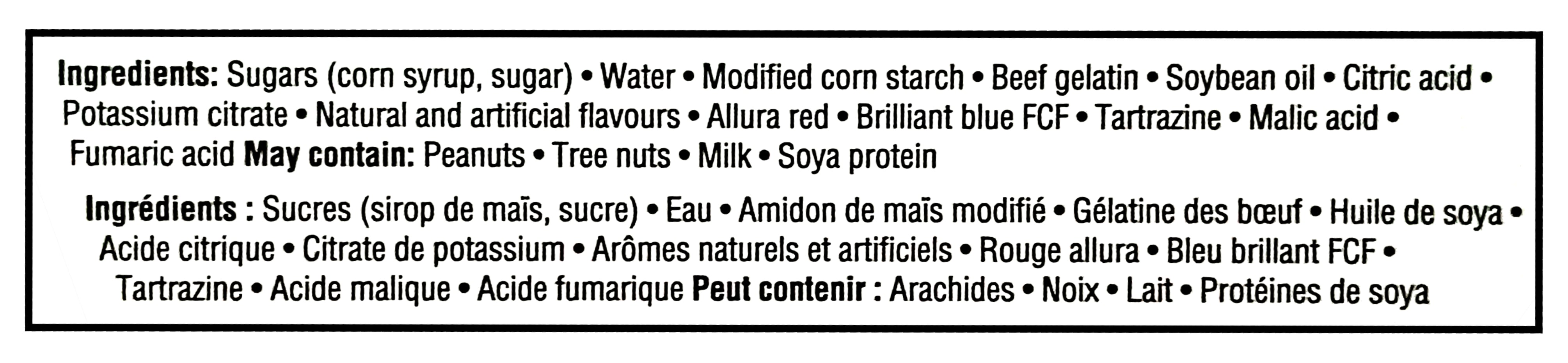 Ingredients list for Joe's Tasty Travels Sour Soothers Gummy Candy, 400g/14 oz with a focus on food allergens and additives.