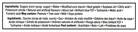 Ingredients list for Joe's Tasty Travels Sour Soothers Gummy Candy, 400g/14 oz with a focus on food allergens and additives.