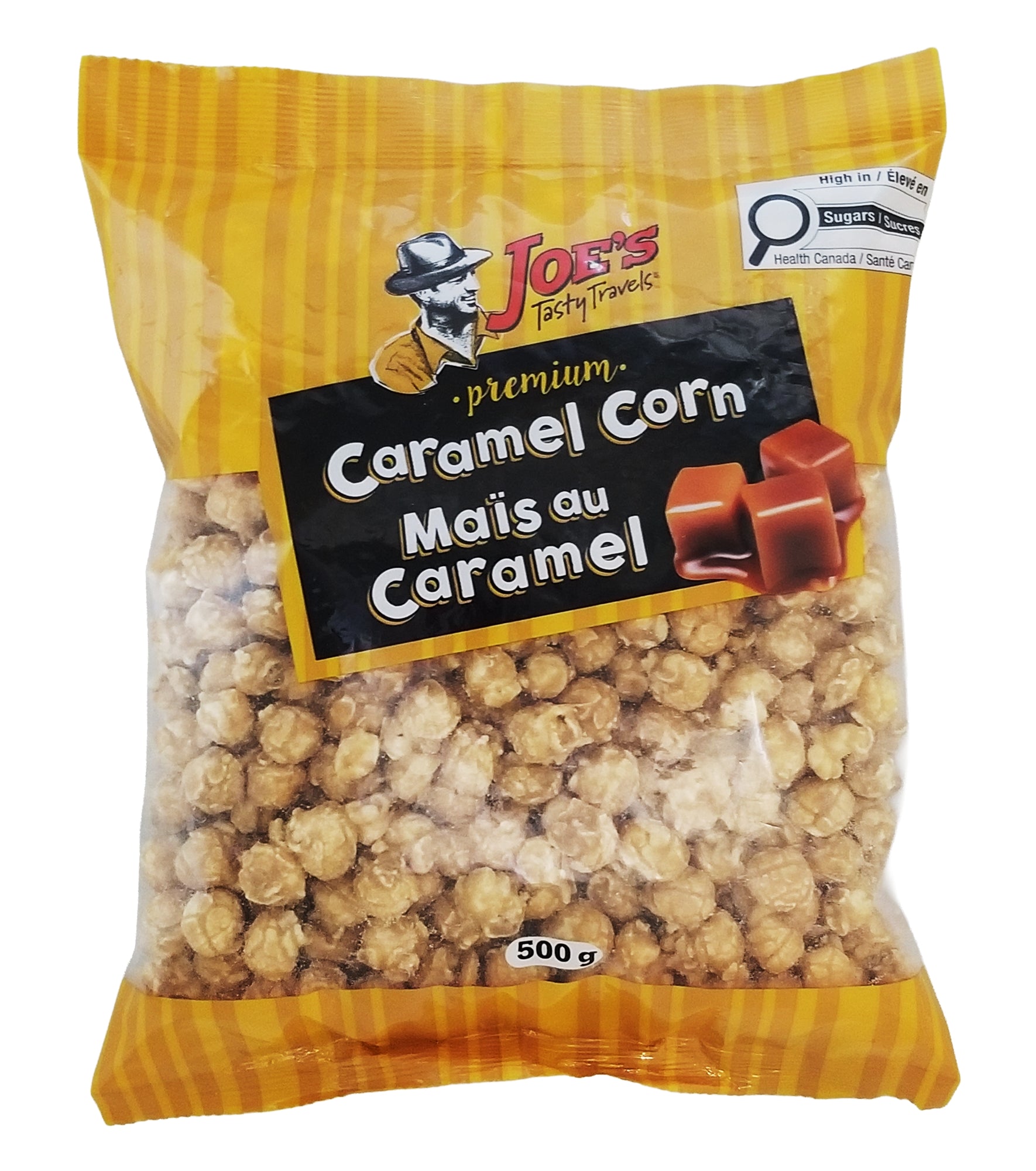 Bag of Joe's Caramel Corn 500g with visible text and branding on a white background