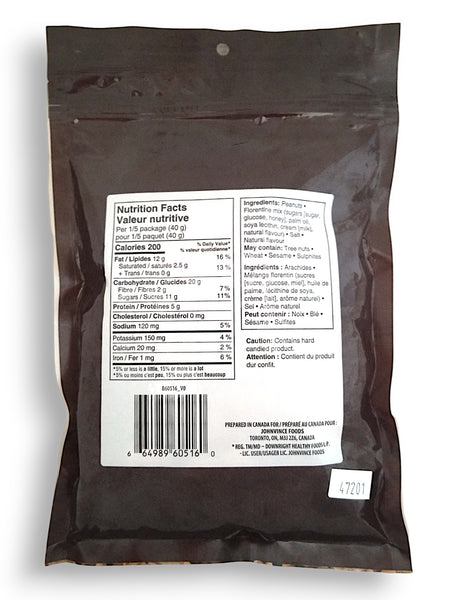 Back of Joe's Tasty Travels Delectable Peanut Brittle, 200g/7 oz., Bag