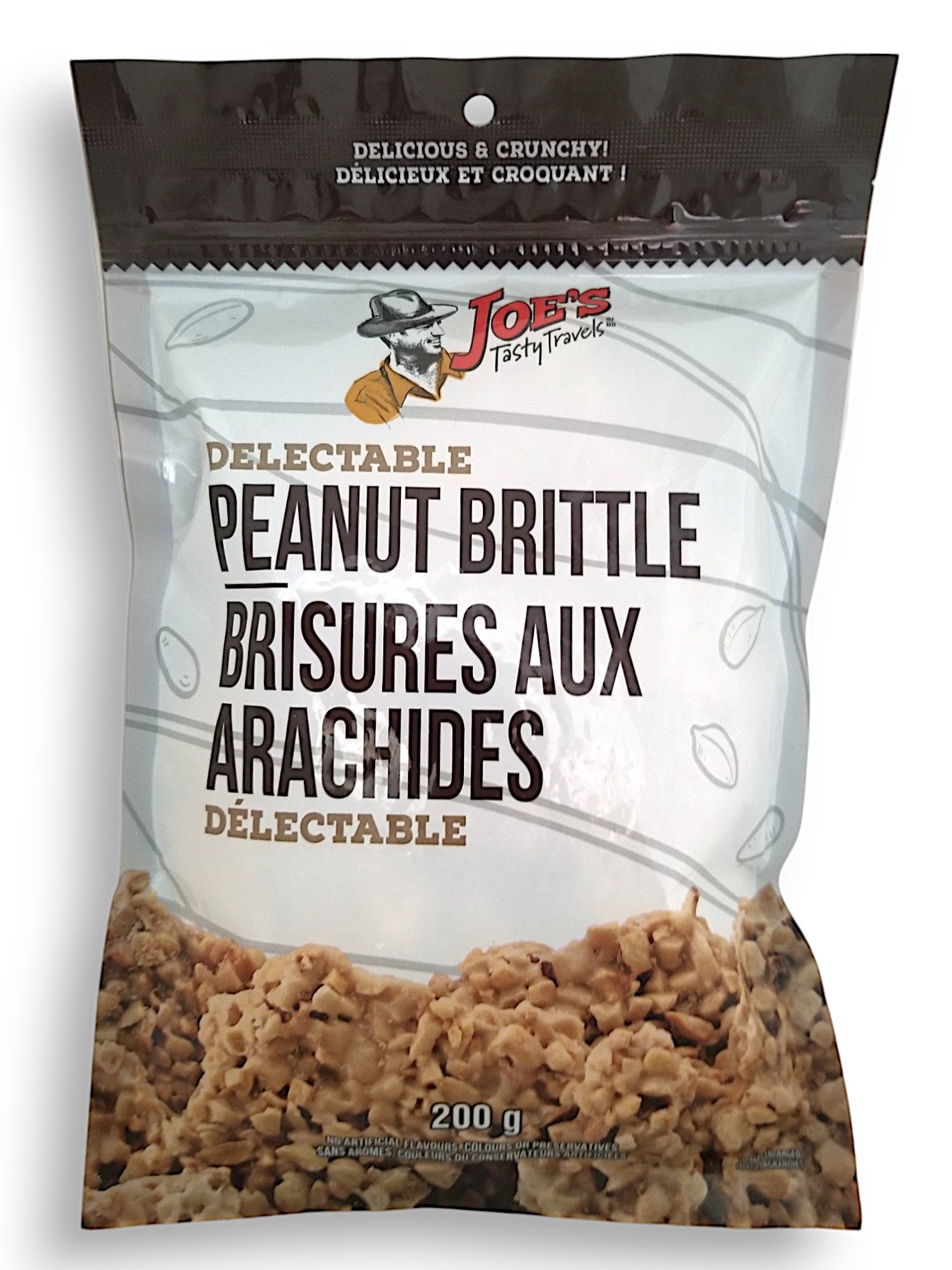 Front of Joe's Tasty Travels Delectable Peanut Brittle, 200g/7 oz., Bag