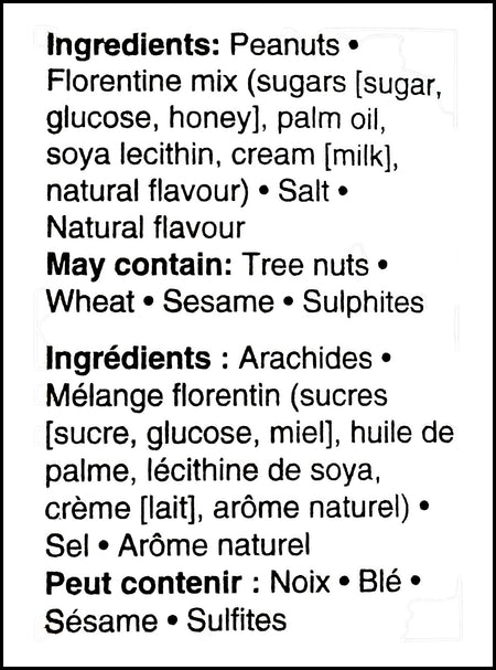 Ingredients label of Joe's Tasty Travels Delectable Peanut Brittle, 200g/7 oz., Bag