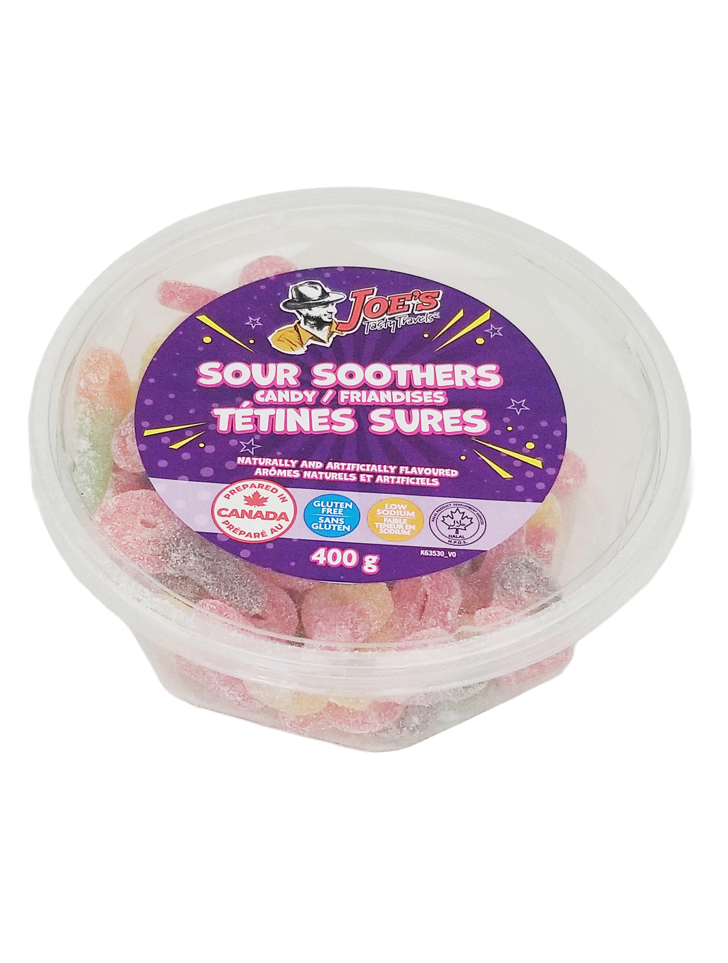 Tub of Joe's Tasty Travels Sour Soothers Gummy Candy, 400g/14 oz with a purple label on a white background