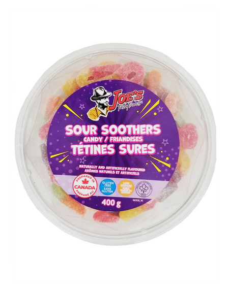 Container of Joe's Tasty Travels Sour Soothers Gummy Candy, 400g/14 oz on a white background