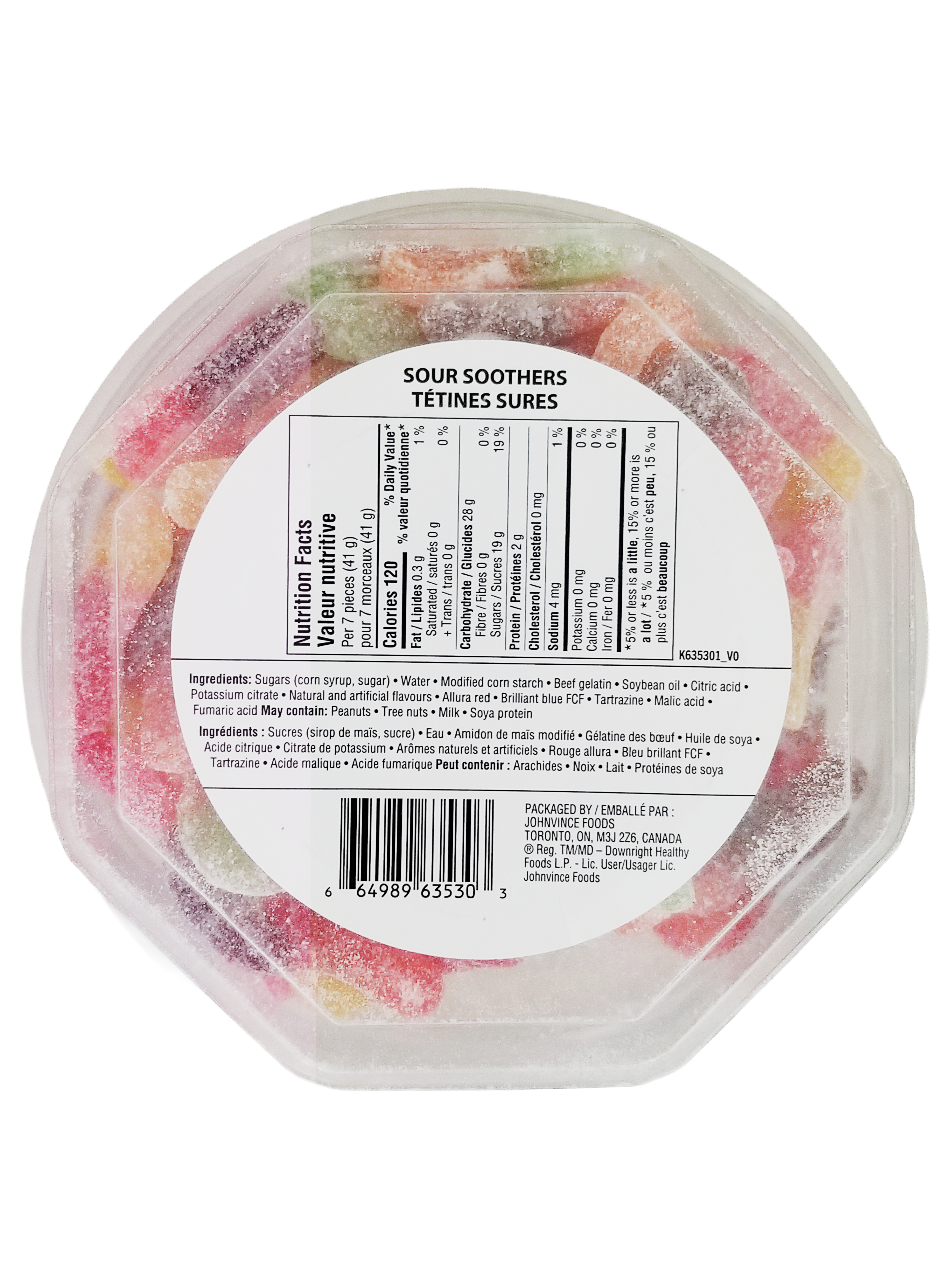 Container of Joe's Tasty Travels Sour Soothers Gummy Candy, 400g/14 oz with a label on a white background