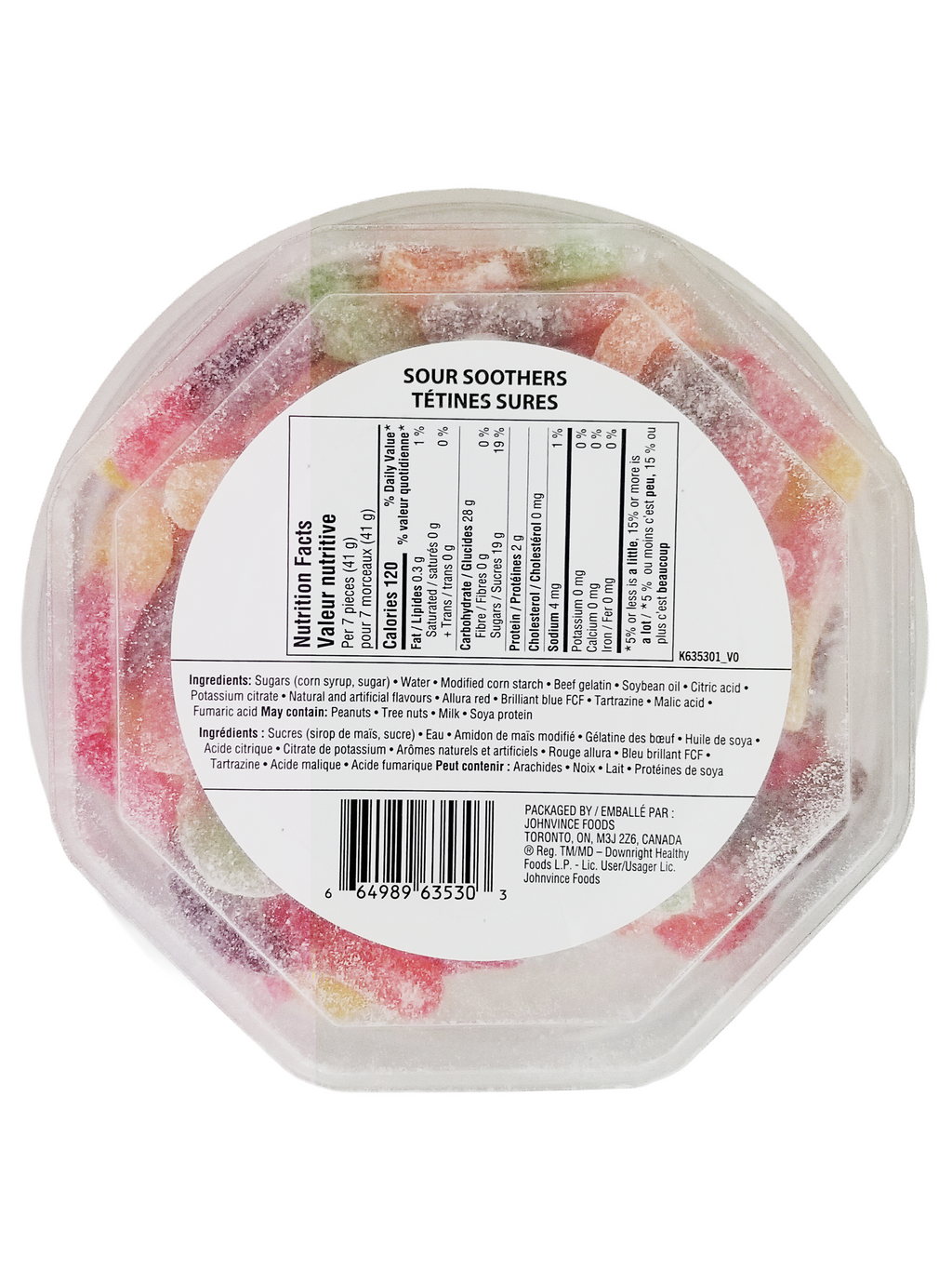 Container of Joe's Tasty Travels Sour Soothers Gummy Candy, 400g/14 oz with a label on a white background