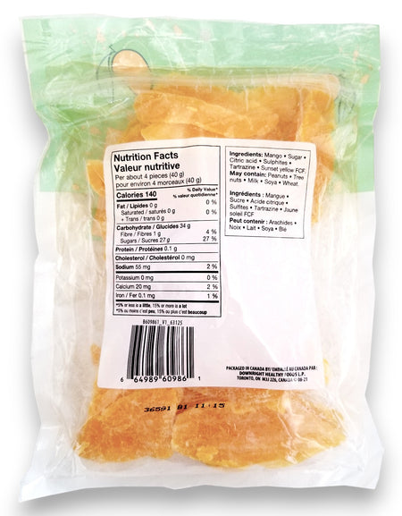 Joe's Tasty Travels Sweetened Dried Mango Slices, 300g, back of bag.
