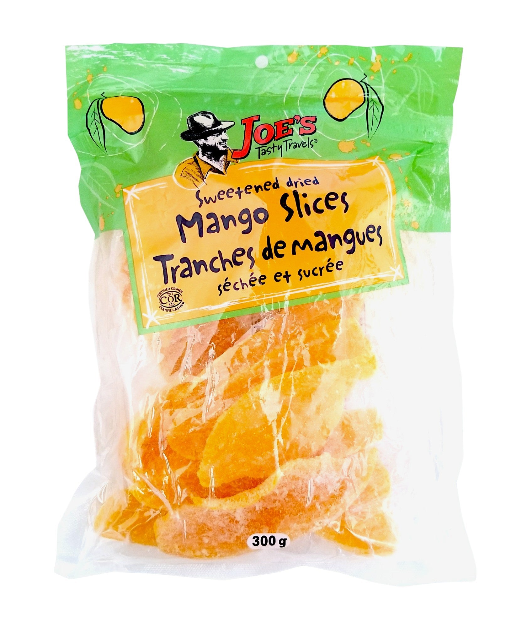 Joe's Tasty Travels Sweetened Dried Mango Slices, 300g, front of bag.