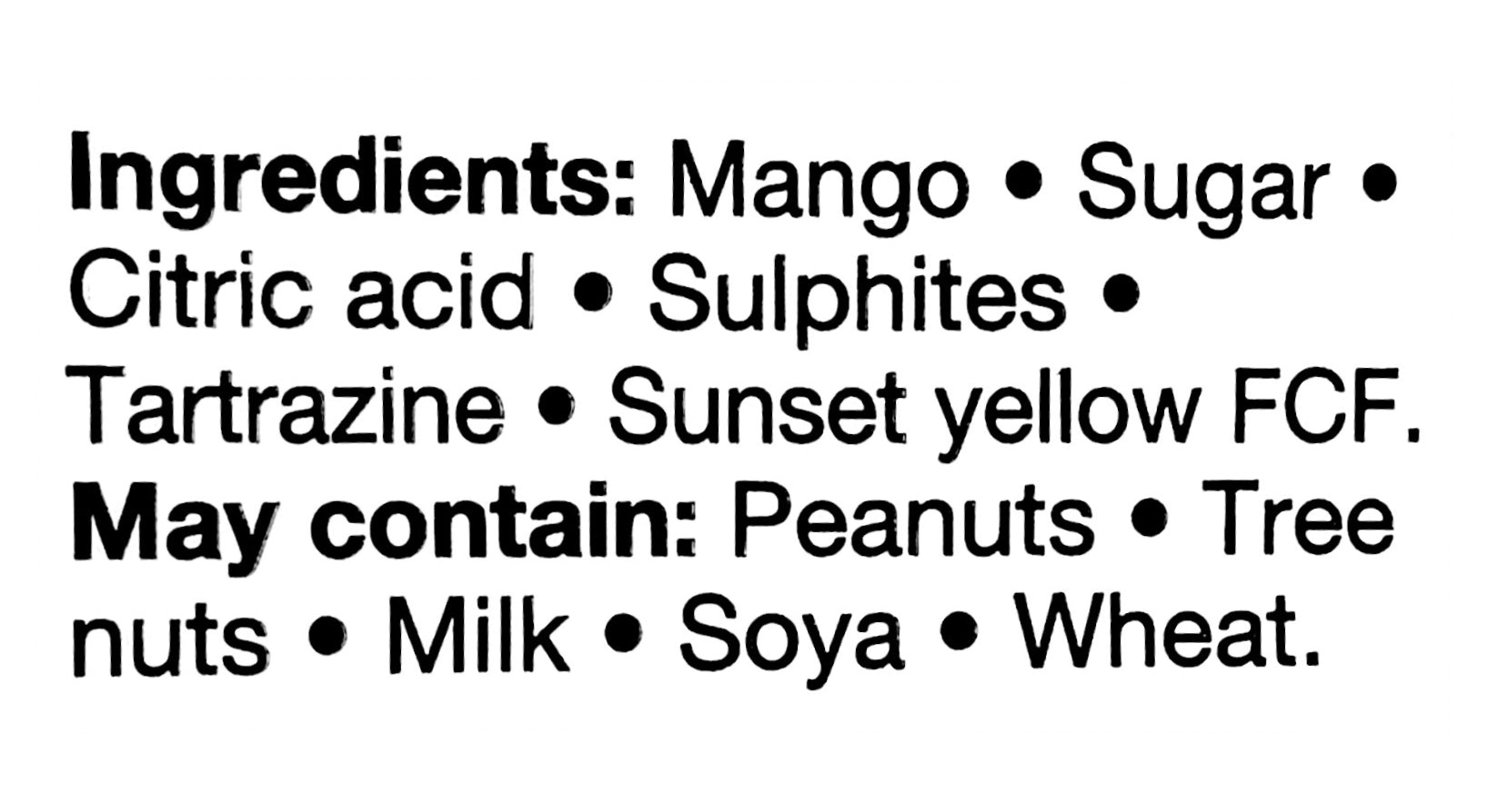 Joe's Tasty Travels Sweetened Dried Mango Slices, 300g, ingredients label.