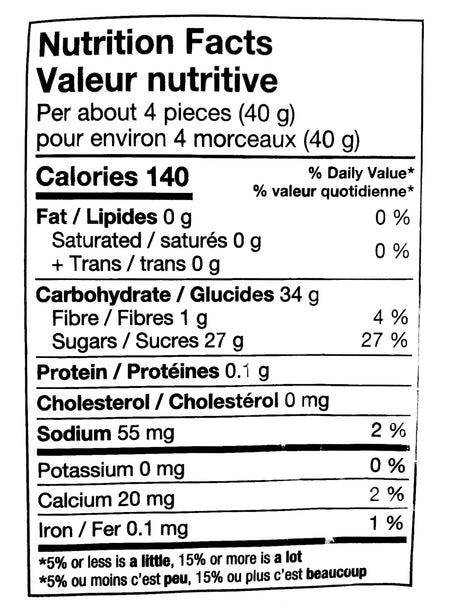 Joe's Tasty Travels Sweetened Dried Mango Slices, 300g, nutrition facts label.