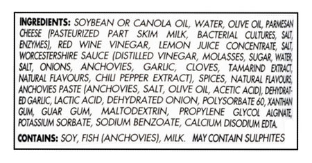 Ingredients label for Johnny's Great Caesar! Dressing, Creamy Caesar Dressing - 354ml with a black border