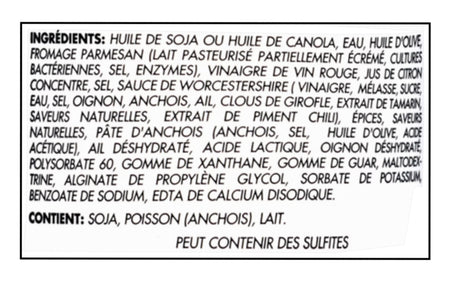 Ingredients label in French for Johnny's Great Caesar! Dressing, Creamy Caesar Dressing - 354ml with a black border
