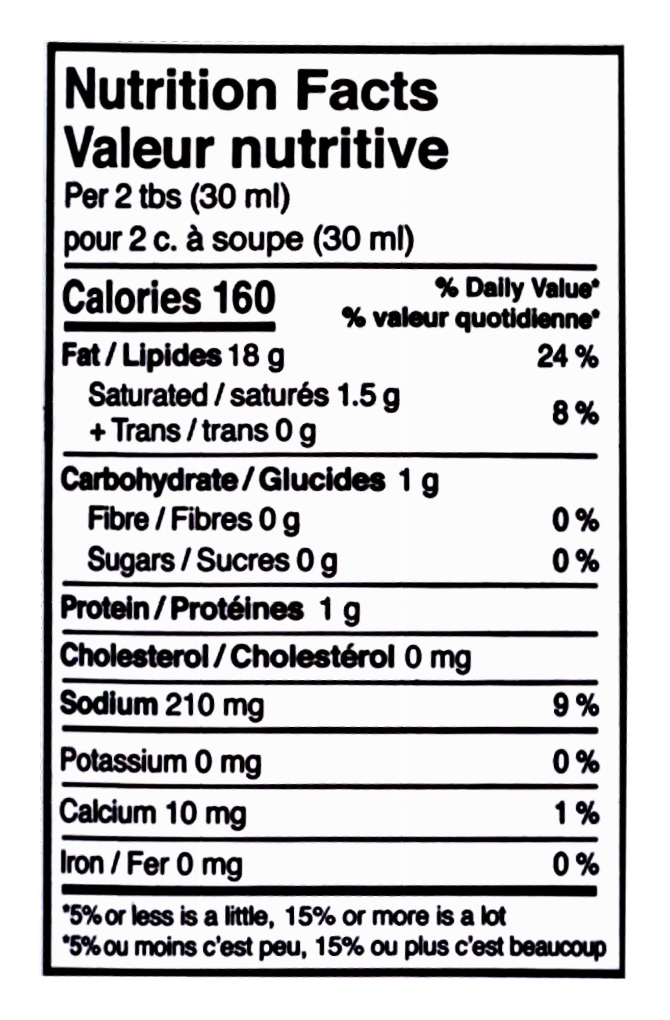 Nutrition fact label for Johnny's Great Caesar! Dressing, Creamy Caesar Dressing - 354ml with a black border