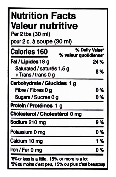 Nutrition fact label for Johnny's Great Caesar! Dressing, Creamy Caesar Dressing - 354ml with a black border