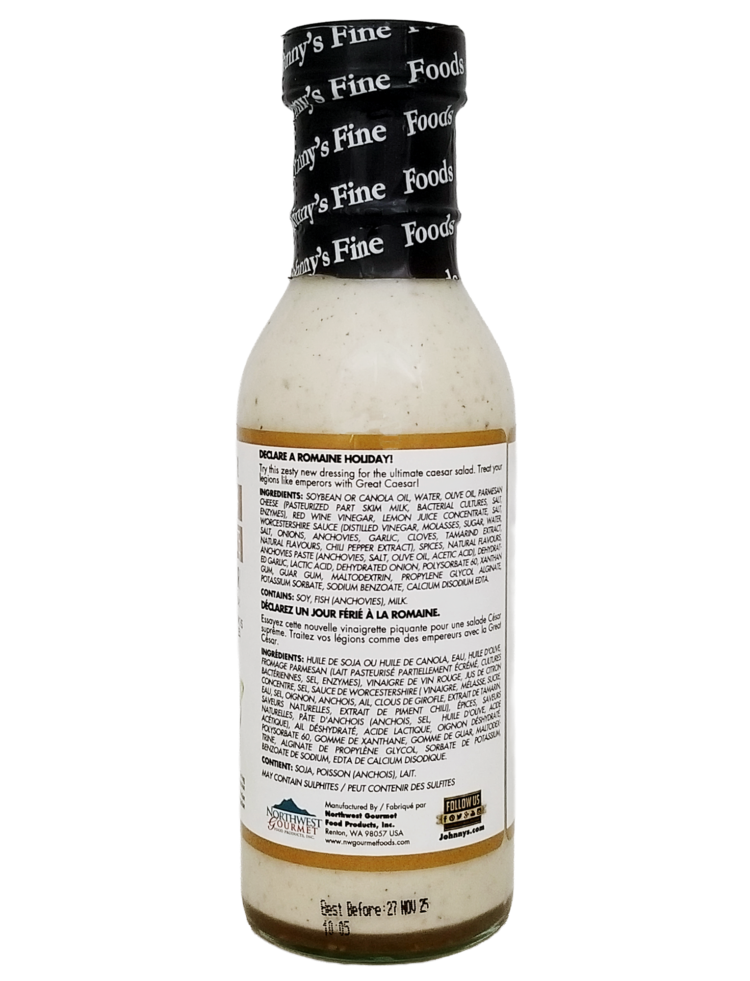 Back of a Johnny's Great Caesar! Dressing, Creamy Caesar Dressing - 354ml bottle on a white background