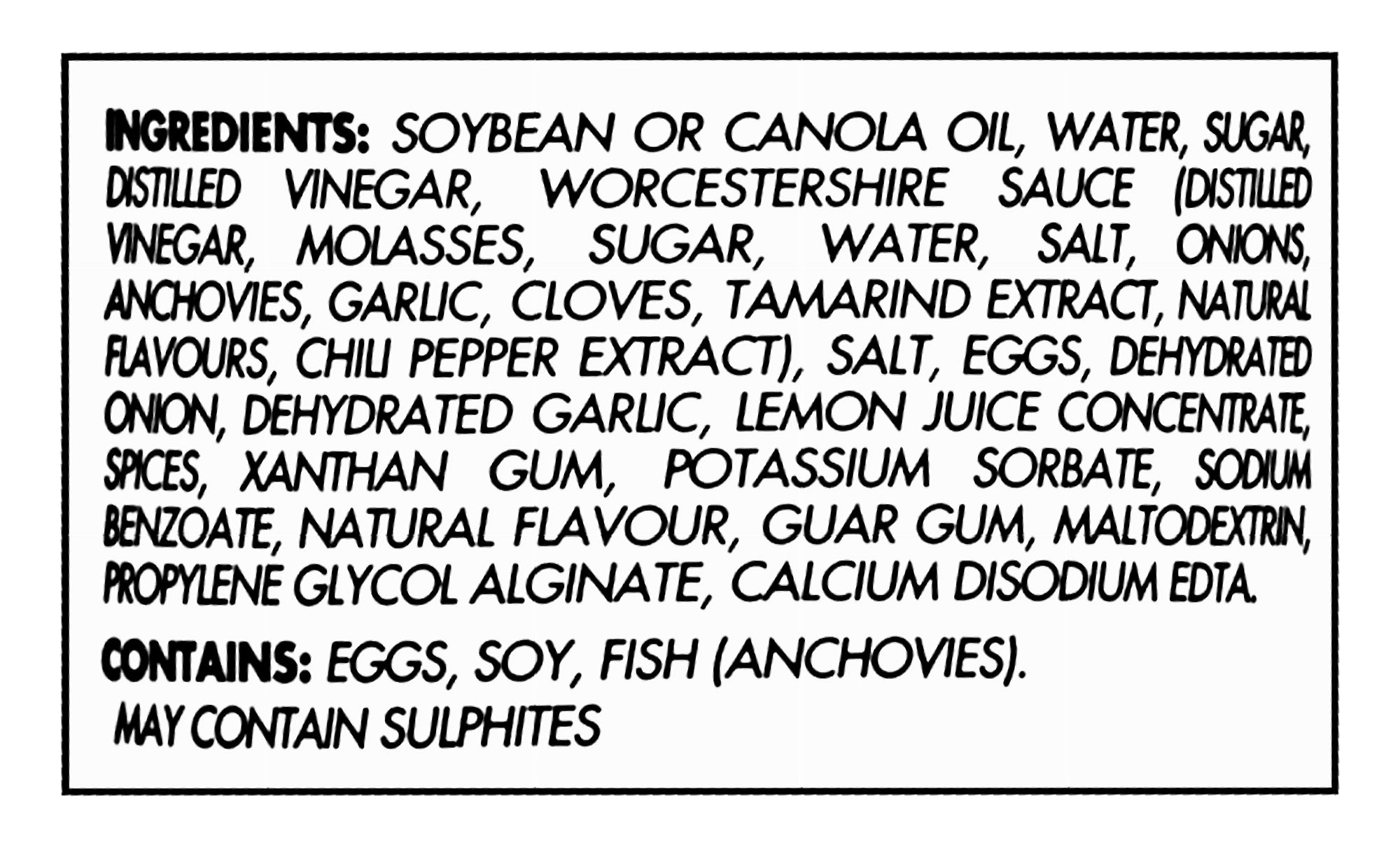 Ingredients label for Johnny's Jamaica Mistake Dressing, Creamy Salad Dressing - 354ml with a lack border