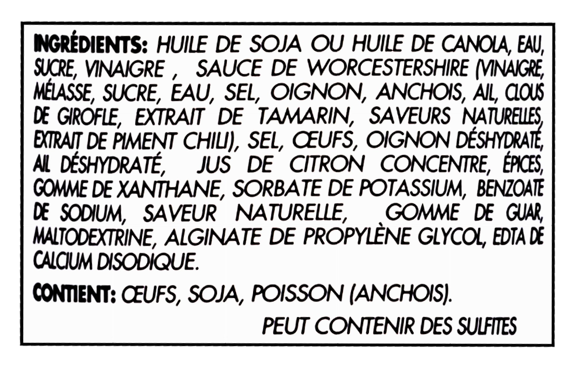 Ingredients label in French for Johnny's Jamaica Mistake Dressing, Creamy Salad Dressing - 354ml with a black border