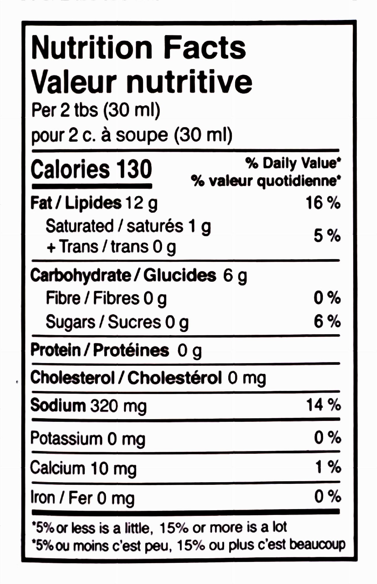 Nutrition facts label for Johnny's Jamaica Mistake Dressing, Creamy Salad Dressing - 354ml with a black border