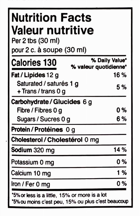Nutrition facts label for Johnny's Jamaica Mistake Dressing, Creamy Salad Dressing - 354ml with a black border