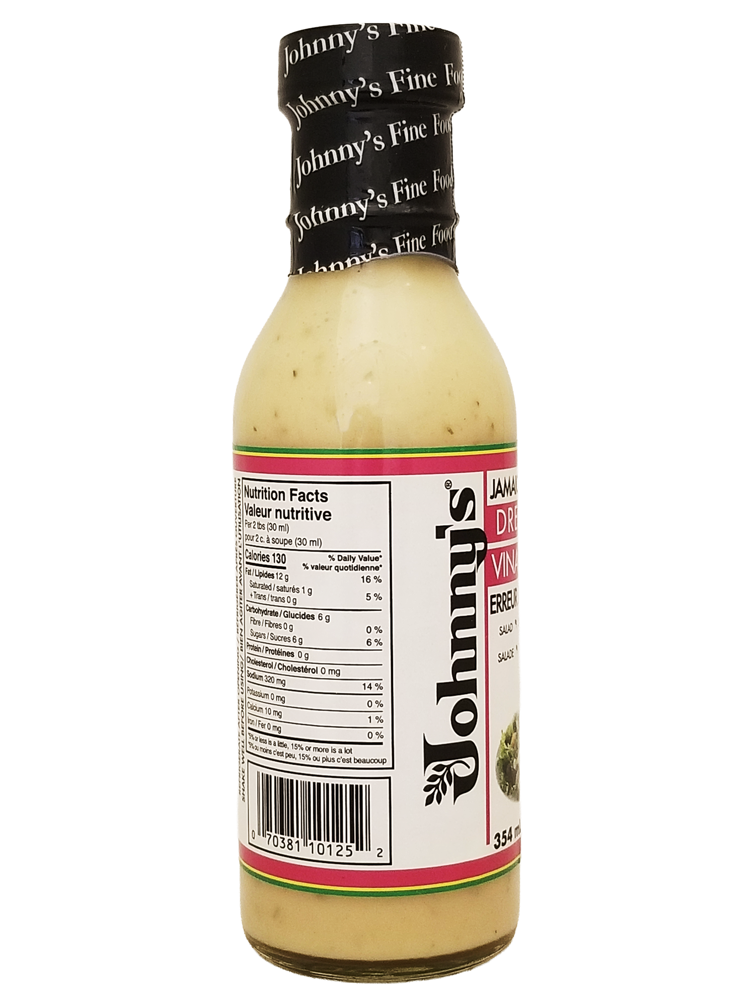 Side bottle of Johnny's Jamaica Mistake Dressing, Creamy Salad Dressing - 354ml with a white background