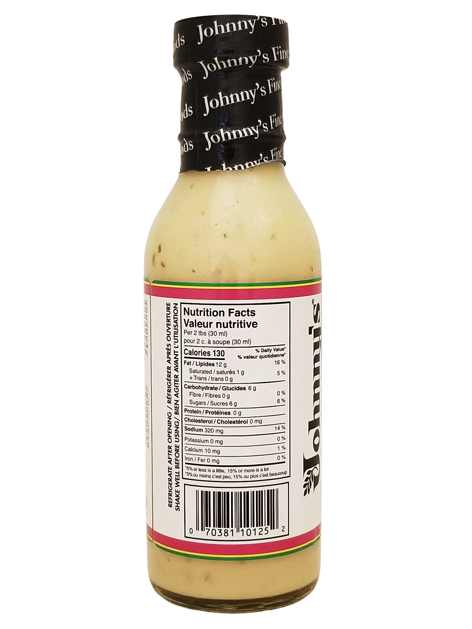 Bottle of Johnny's Jamaica Mistake Dressing, Creamy Salad Dressing - 354ml showing nutrition facts with a white background