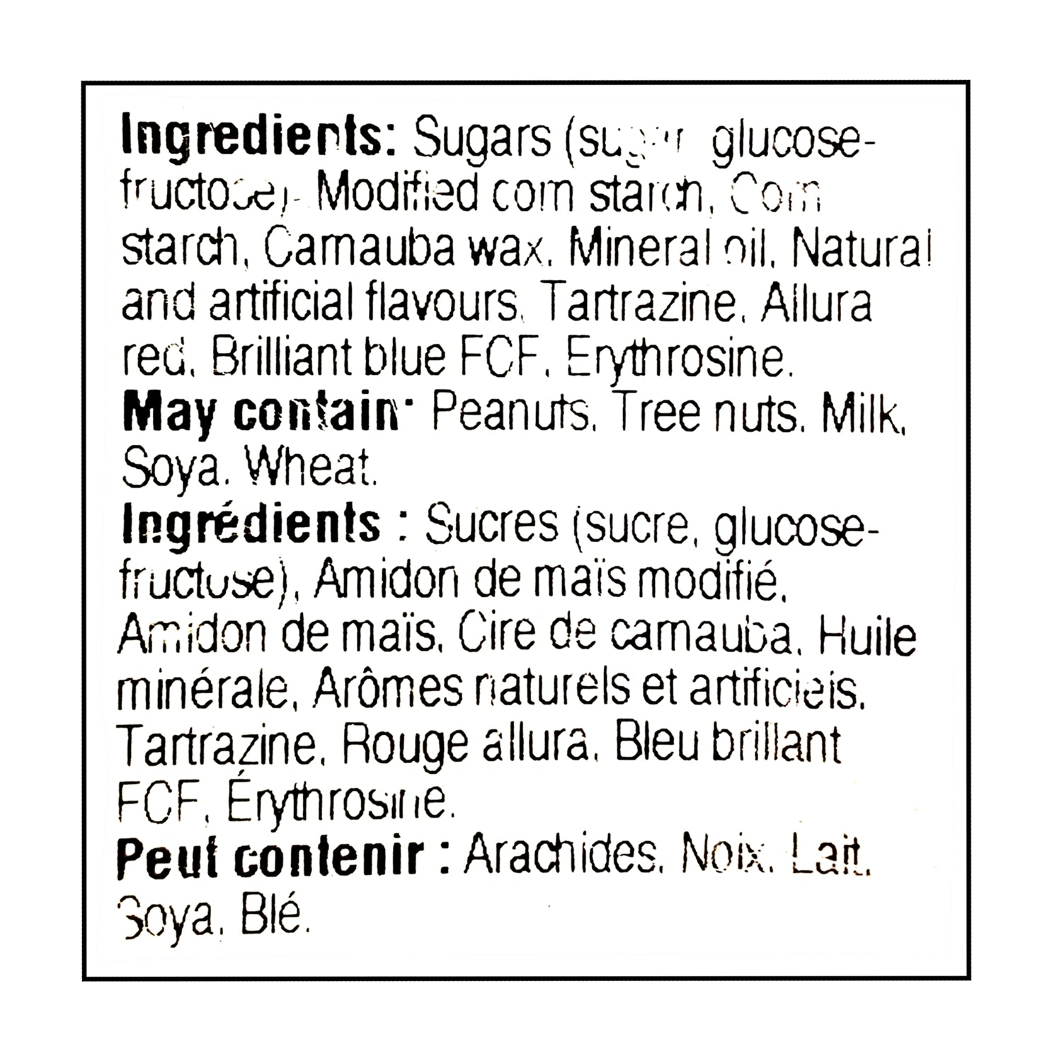 John Vince Foods Jelly Beans 330g ingredients label — Canadian candy
