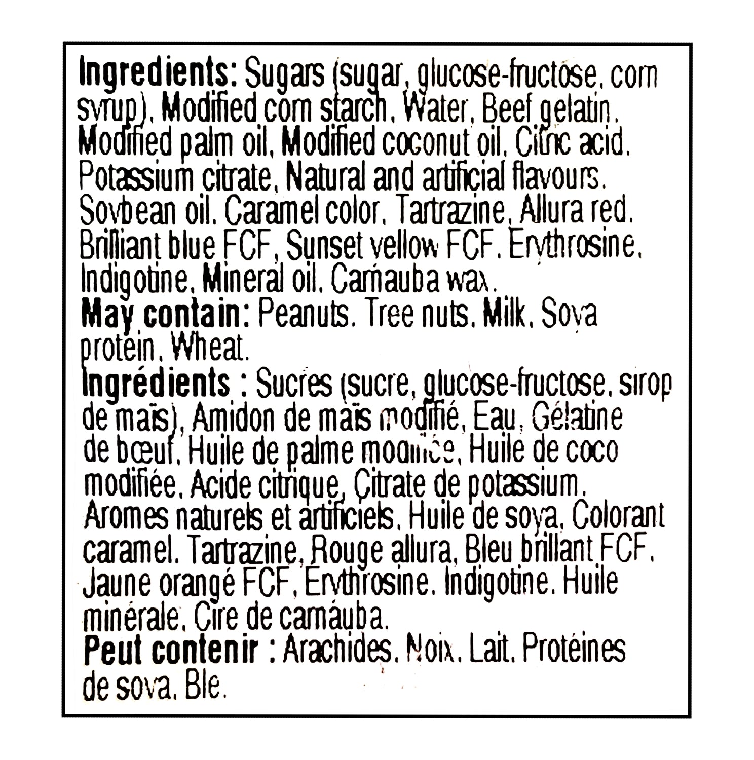 John Vince Foods Jubes 320g ingredients label — Canadian candy