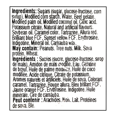 John Vince Foods Jubes 320g ingredients label — Canadian candy