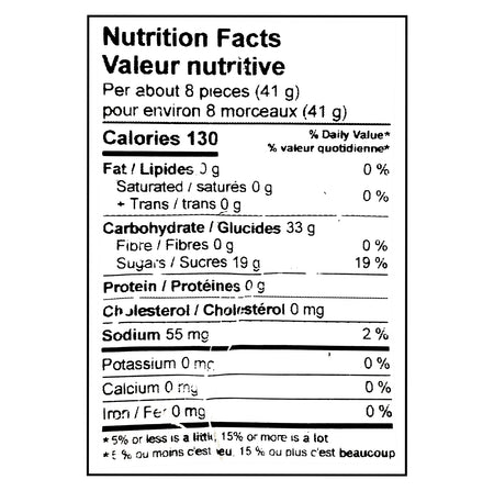 John Vince Foods Jubes 320g nutrition facts label