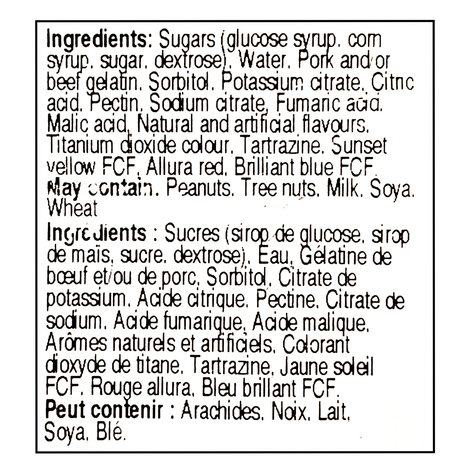 John Vince Foods Peach Rings 275g ingredients label — Canadian candy