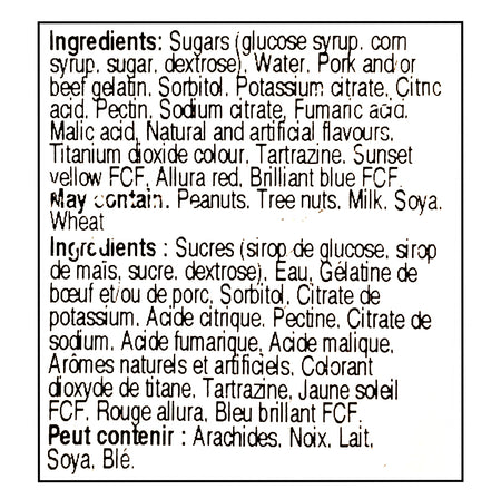 John Vince Foods Peach Rings 275g ingredients label — Canadian candy