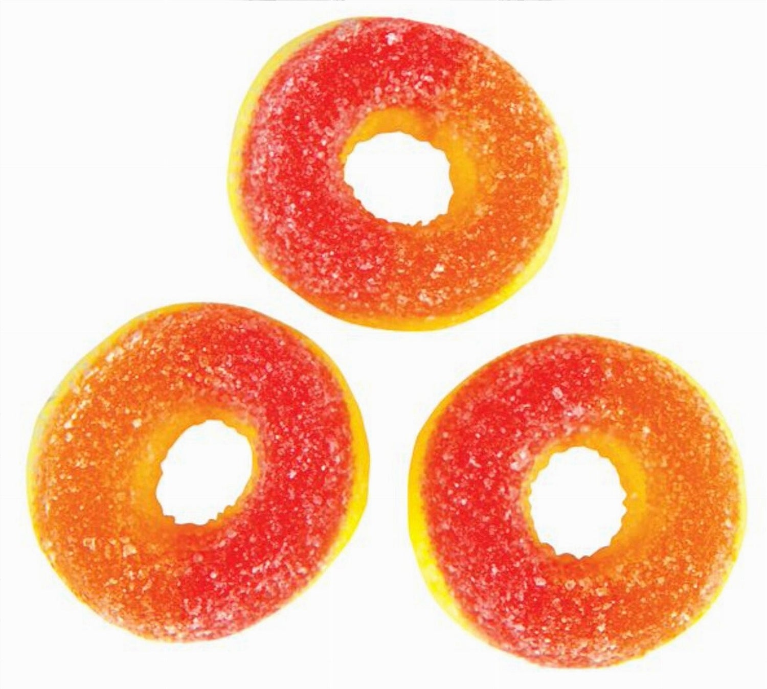 John Vince Foods Peach Rings close-up — sugar-coated gummy peach rings