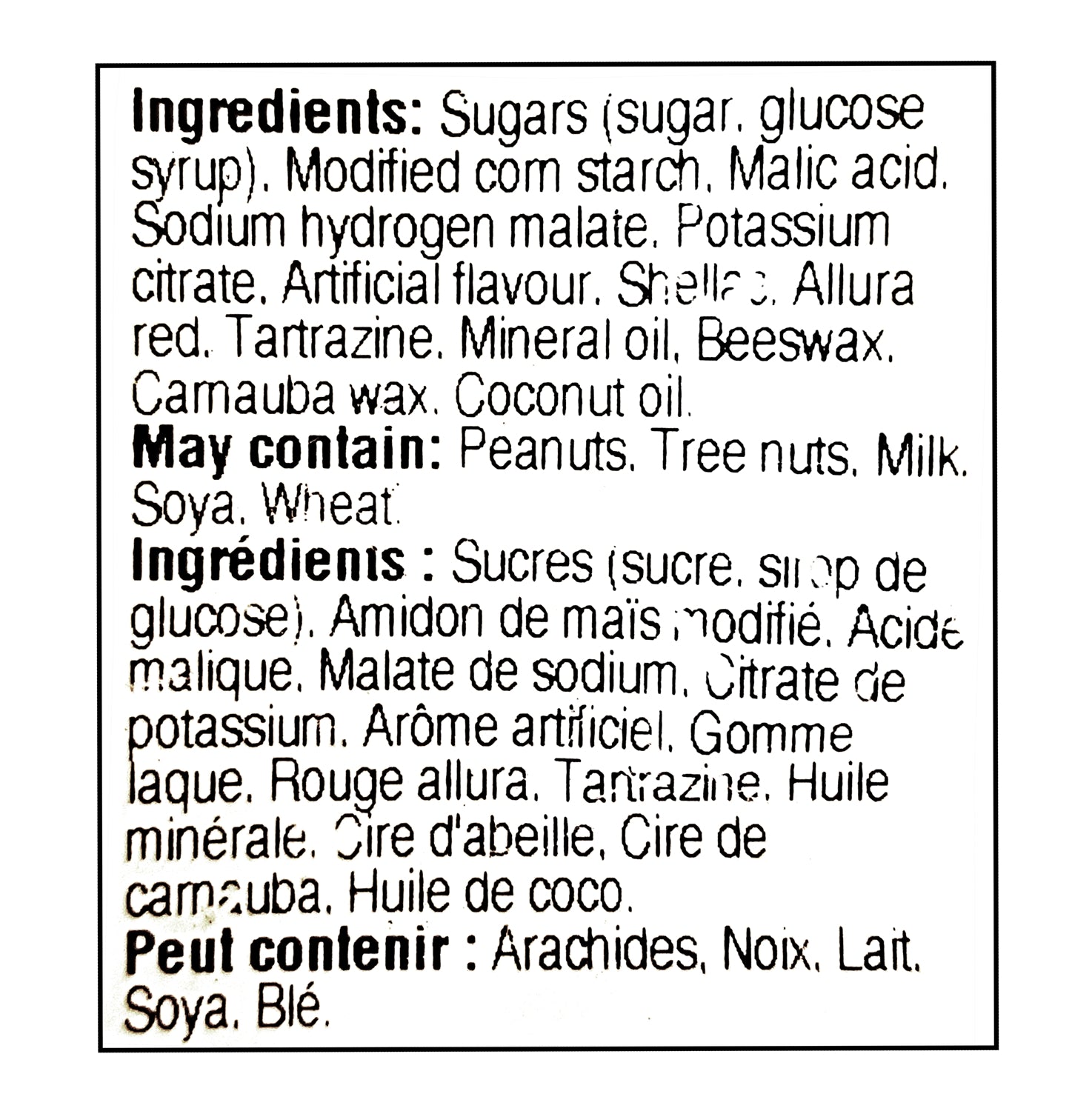 John Vince Foods Sour Cherries 300g ingredients label — Canadian candy
