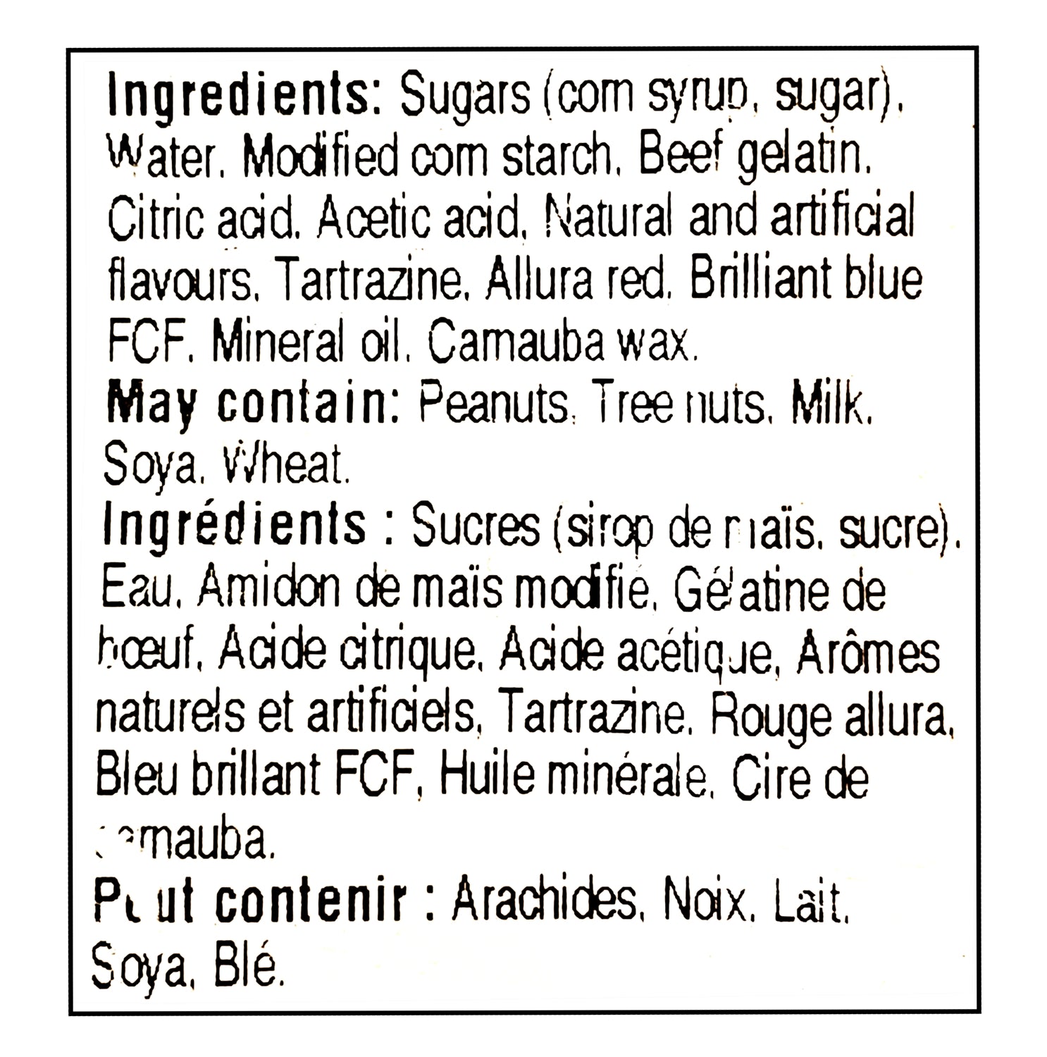 John Vince Foods Wine Gums 280g ingredients label — Canadian candy