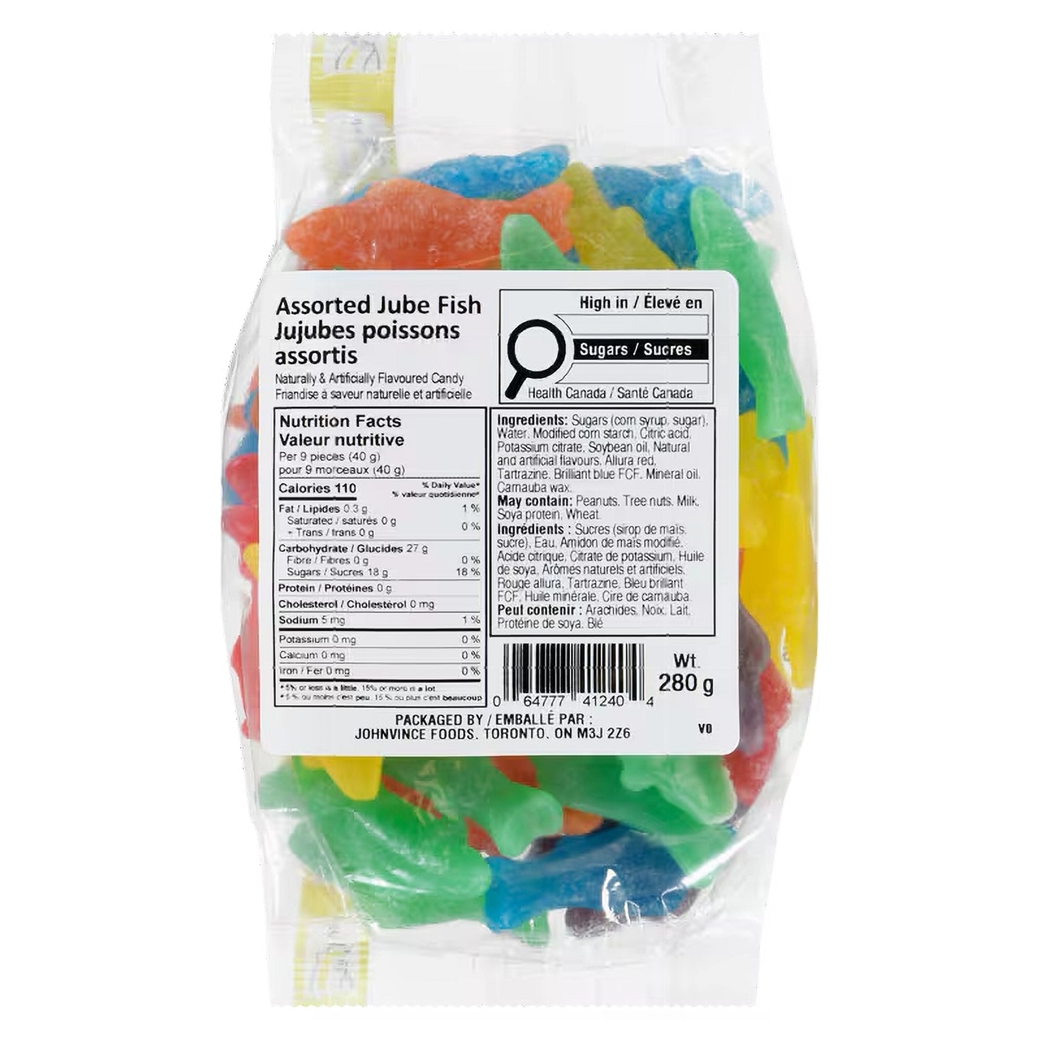 John Vince Foods Assorted Jube Fish 280g bag front — chewy Canadian candy