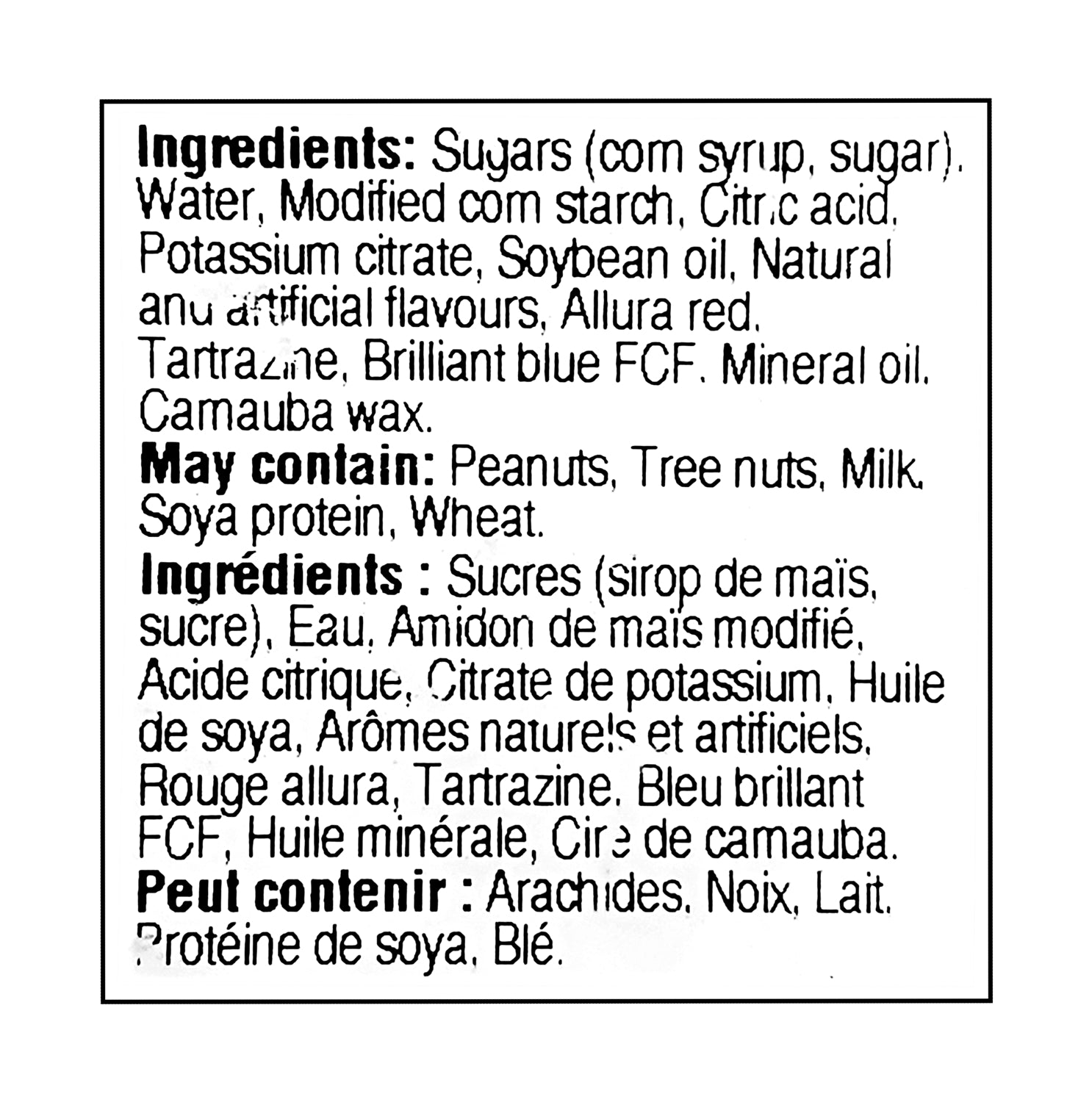 John Vince Foods Assorted Jube Fish 280g ingredients label — Canadian candy