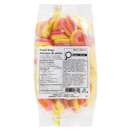 John Vince Foods Peach Rings 275g front view — sweet peach gummy candy, Canadian product