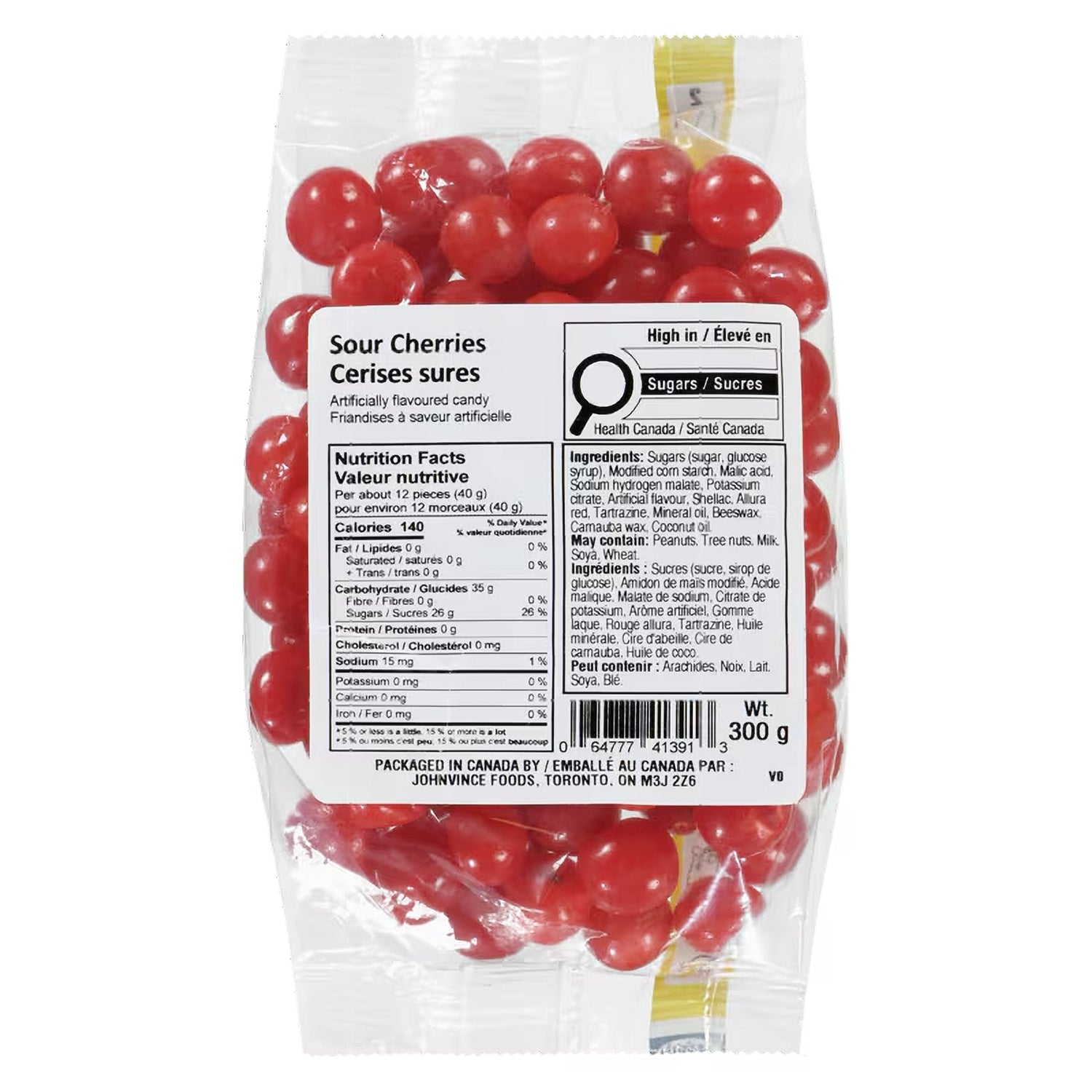 John Vince Foods Sour Cherries 300g bag — bold sour cherry candy, Canadian product