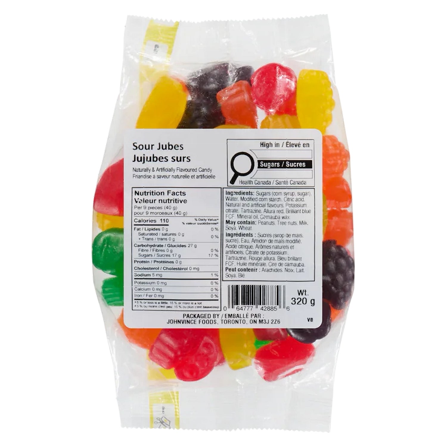John Vince Foods Sour Jubes 320g bag front — tangy chewy Canadian candy