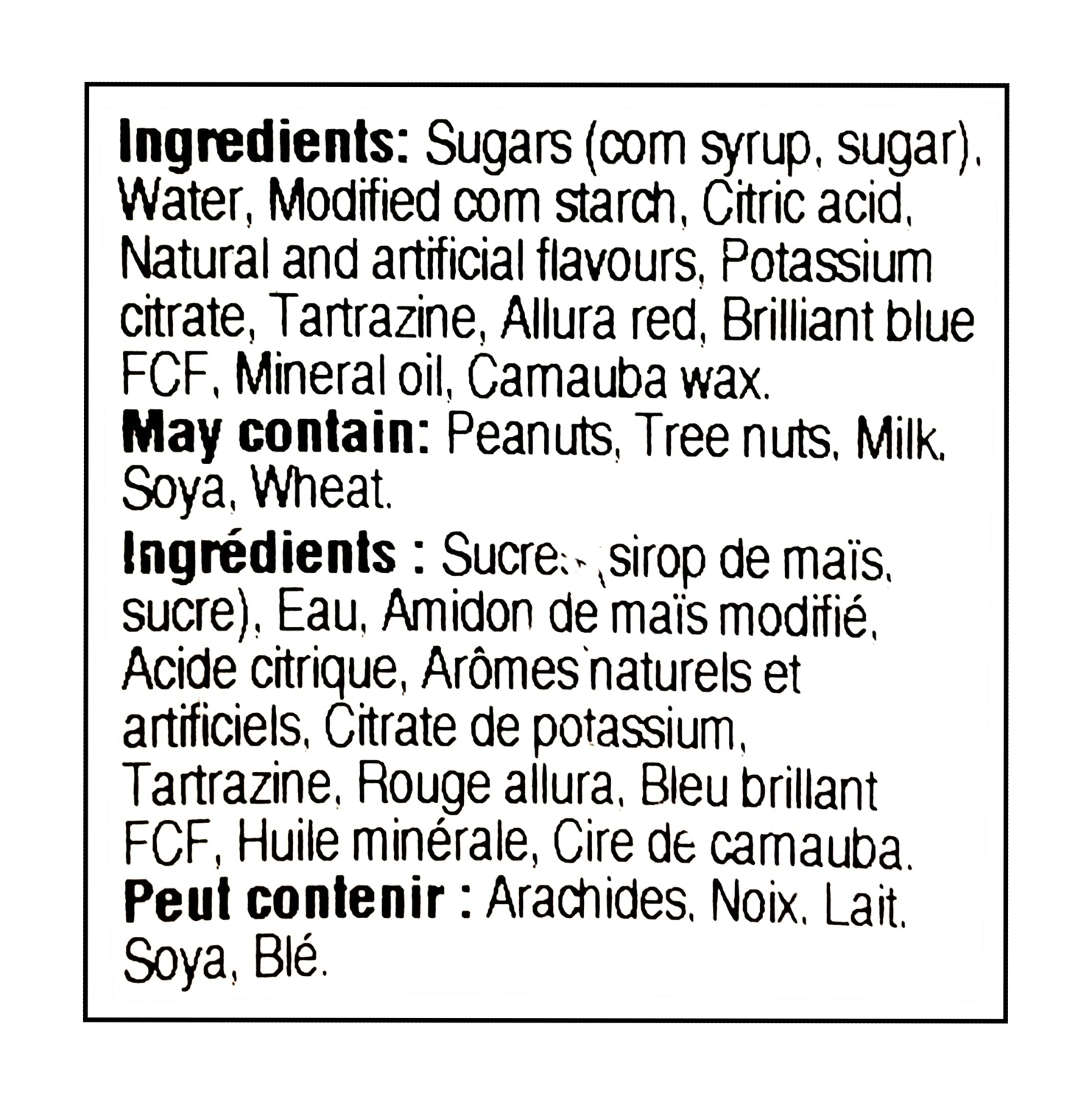John Vince Foods Sour Jubes 320g ingredients label — Canadian candy