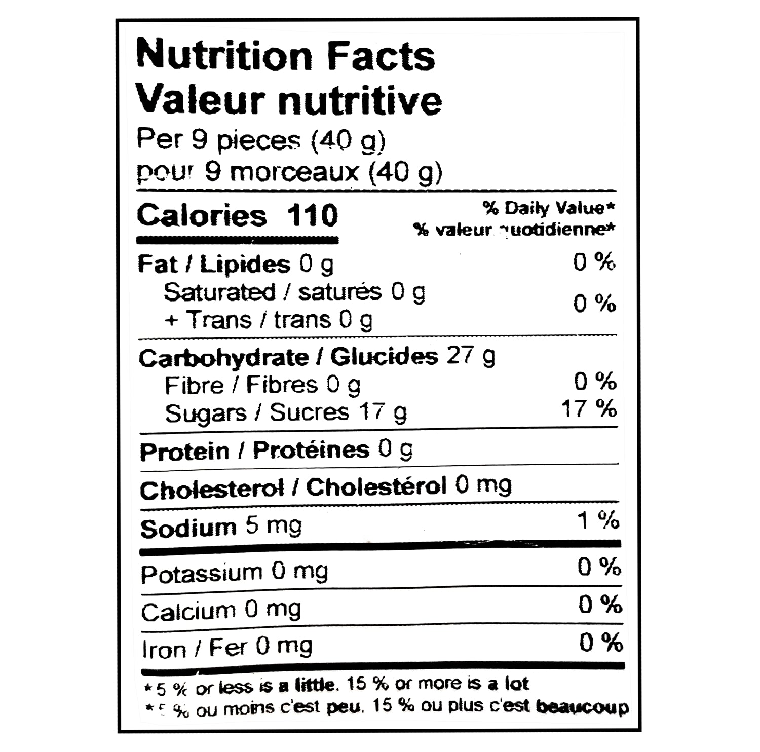 John Vince Foods Sour Jubes 320g nutrition facts label