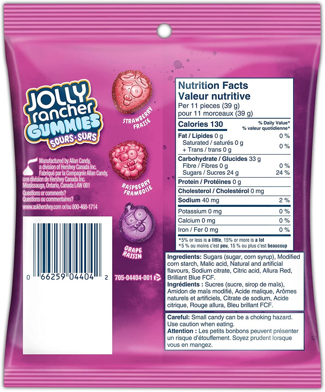 Jolly Rancher Gummies Sours, Berries Flavors, 182g/6.4 oz. Bag Back Side