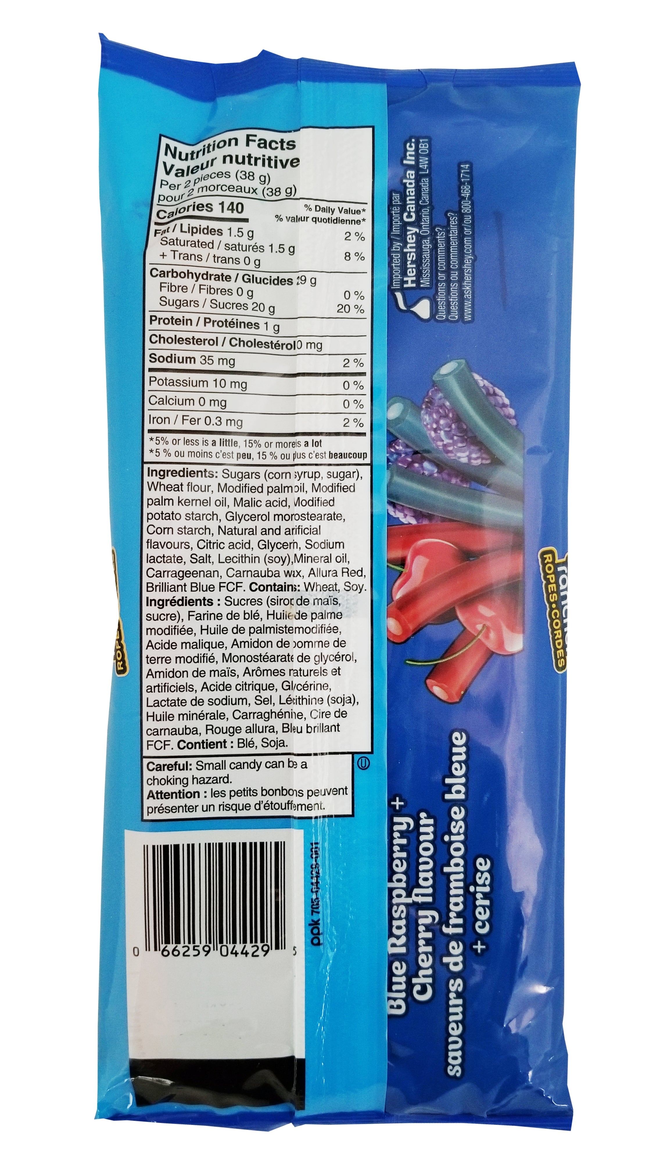 Jolly Rancher Blue Raspberry & Cherry Flavored Gummy Ropes, 283g/9.9 oz - Back of package with nutritional information and ingredients listed.