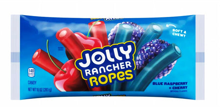 Jolly Rancher Blue Raspberry & Cherry Flavored Gummy Ropes, 283g/9.9 oz - Front of Jolly Rancher Ropes candy package with blue and red colors on a white background