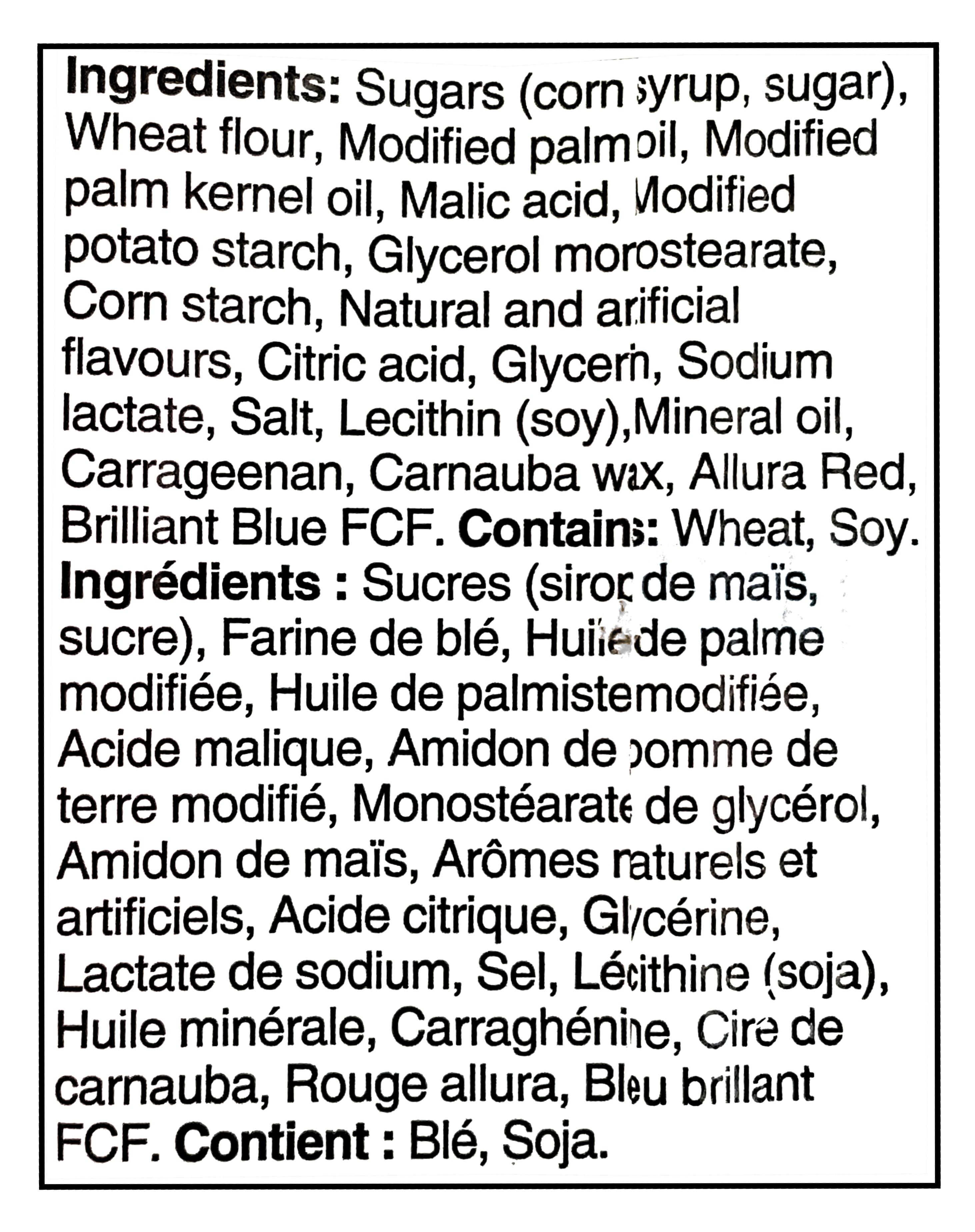 Jolly Rancher Blue Raspberry & Cherry Flavored Gummy Ropes, 283g/9.9 oz - List of ingredients with a black border