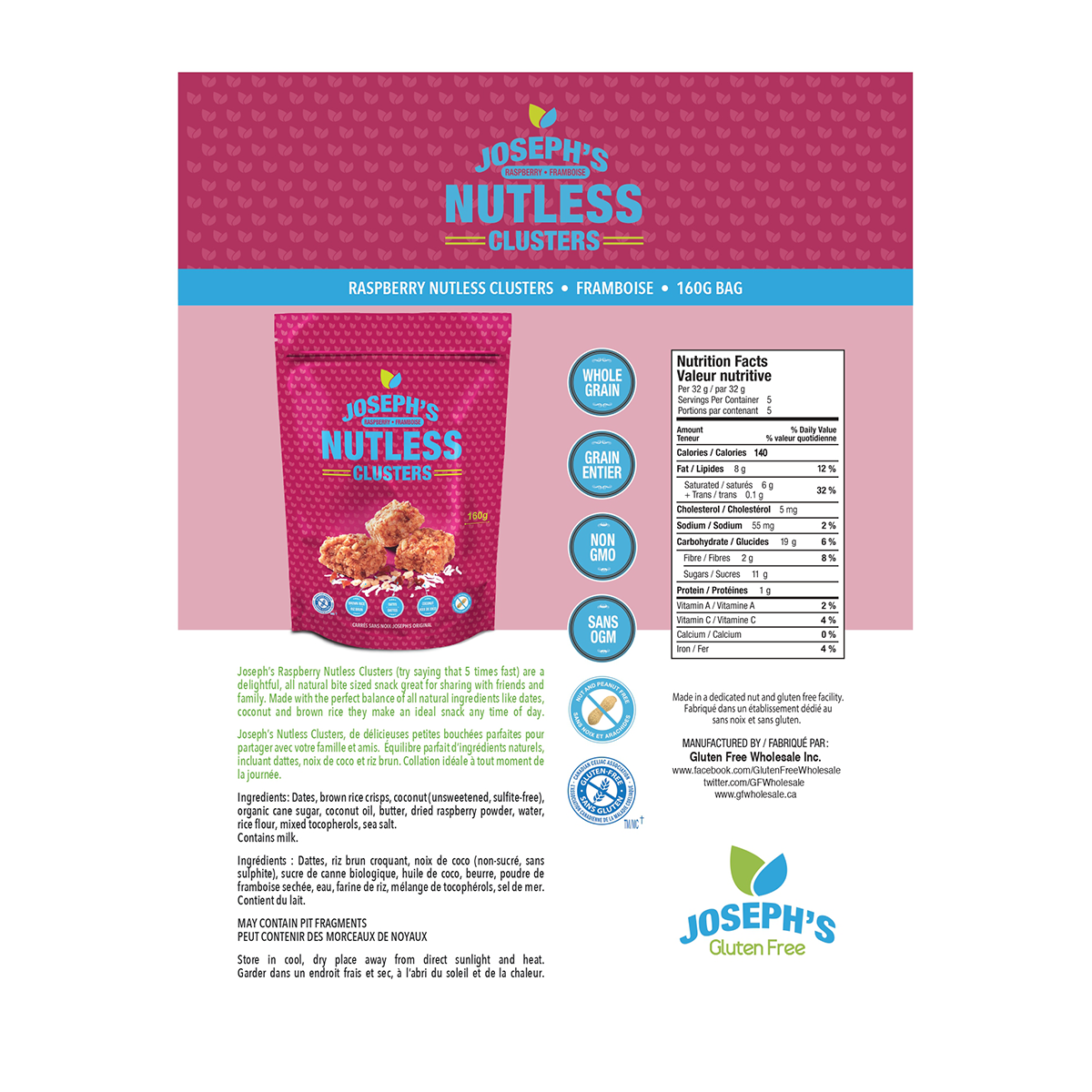 Joseph's Raspberry Nutless Clusters– 160g (5.6 oz) Bag Back Side Label
