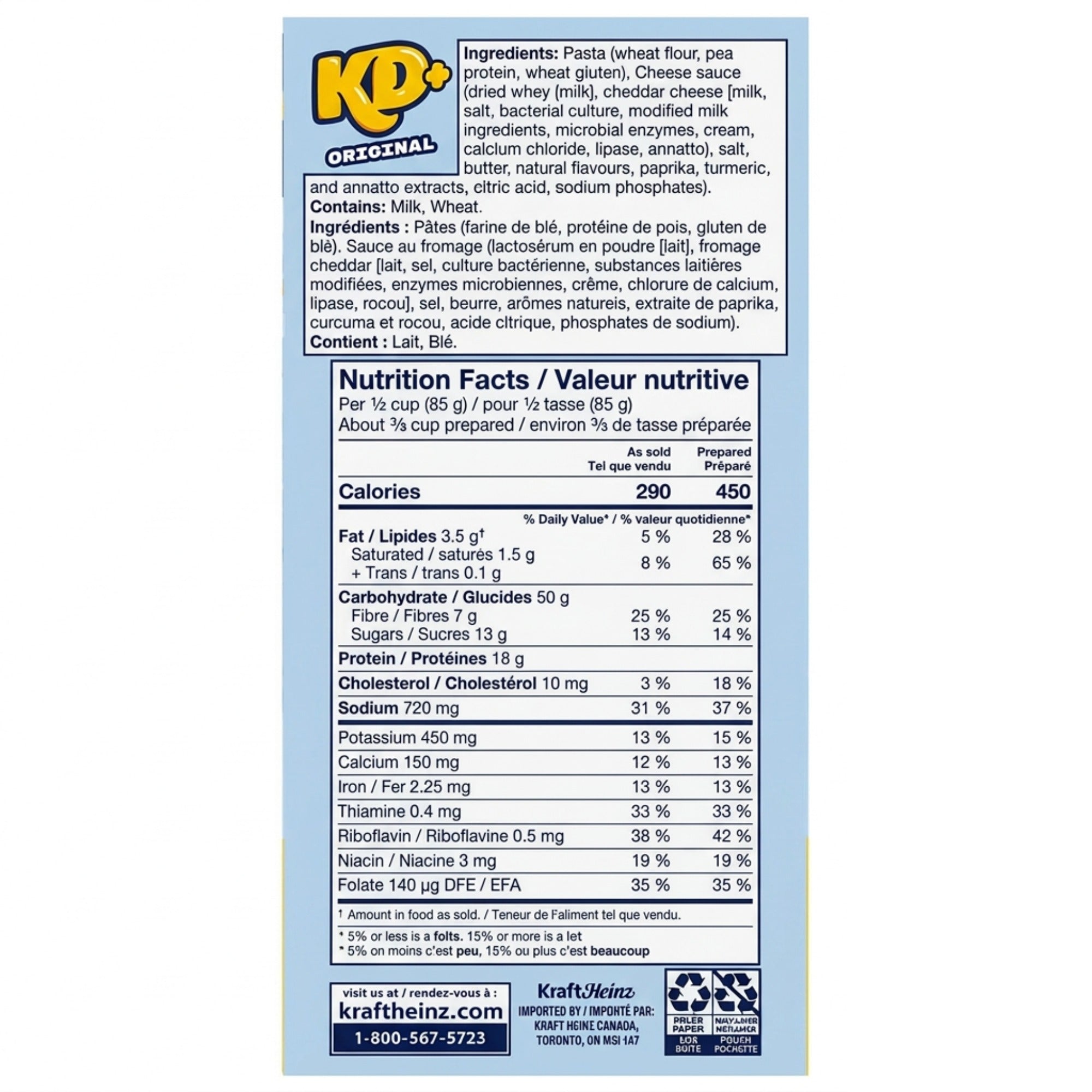 Back of KD+ Original package showing bilingual ingredients and nutrition facts.