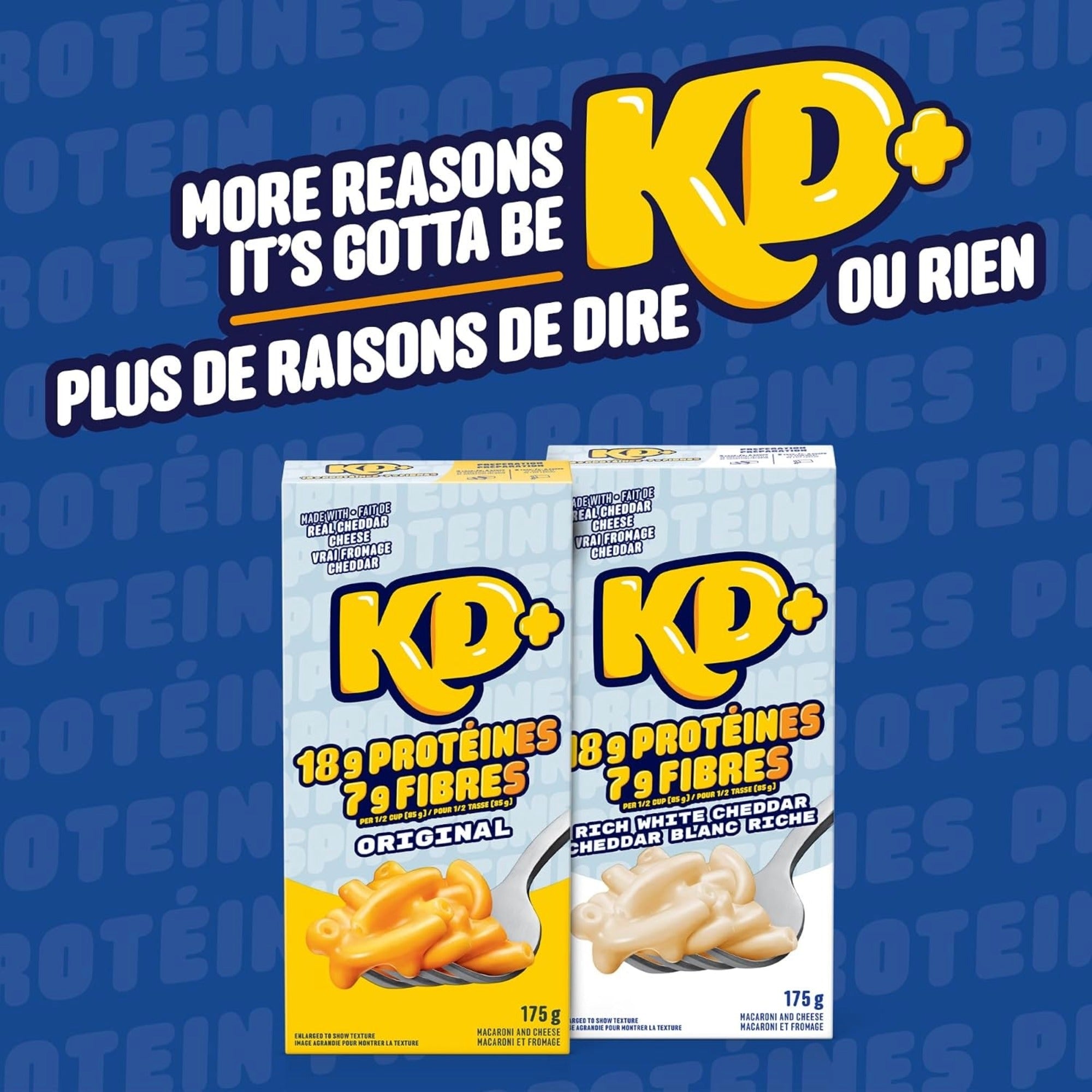 KD+ Original and Rich White Cheddar macaroni and cheese packages shown side by side.