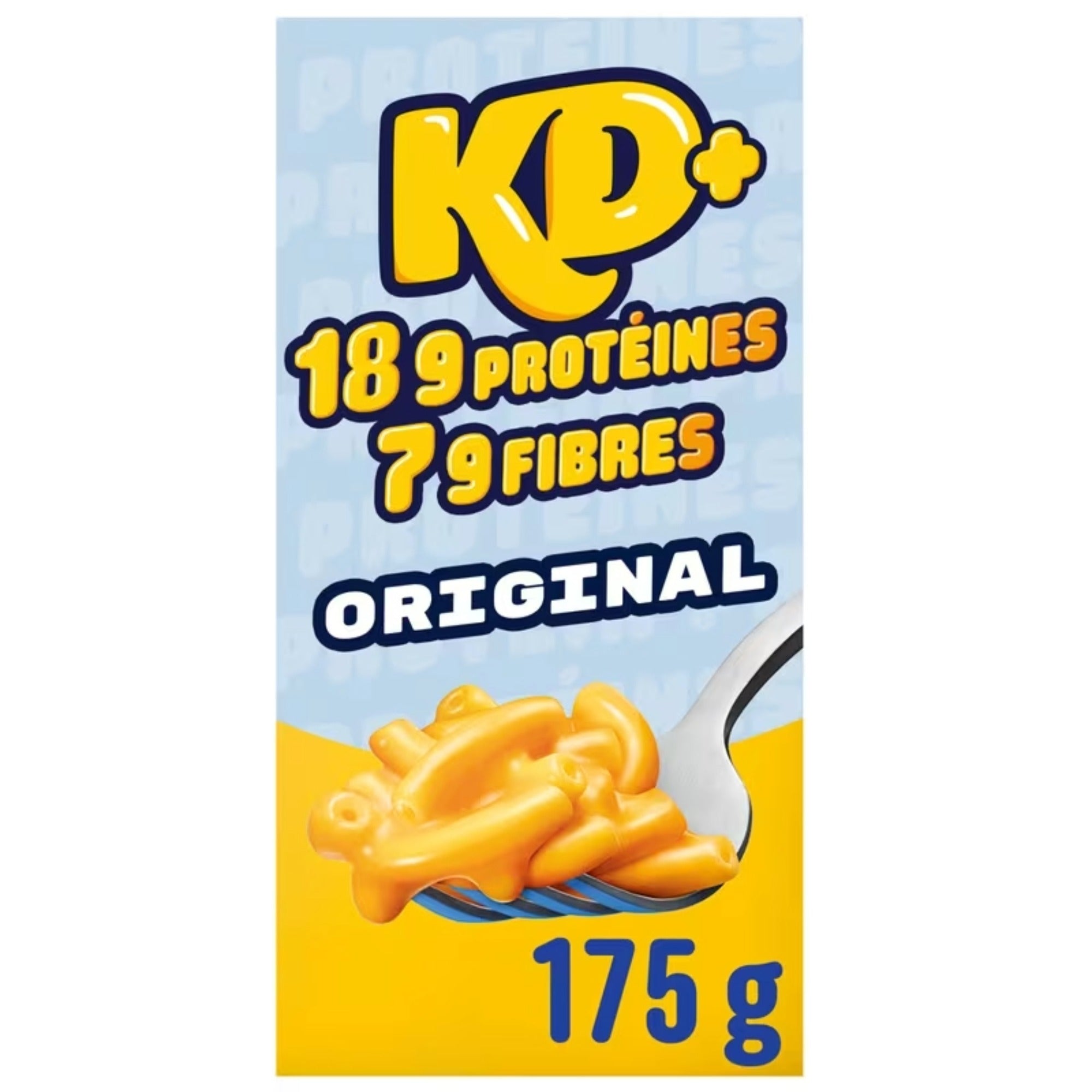 KD+ Original macaroni and cheese with protein and fiber, 175 g / 6.2 oz package front.