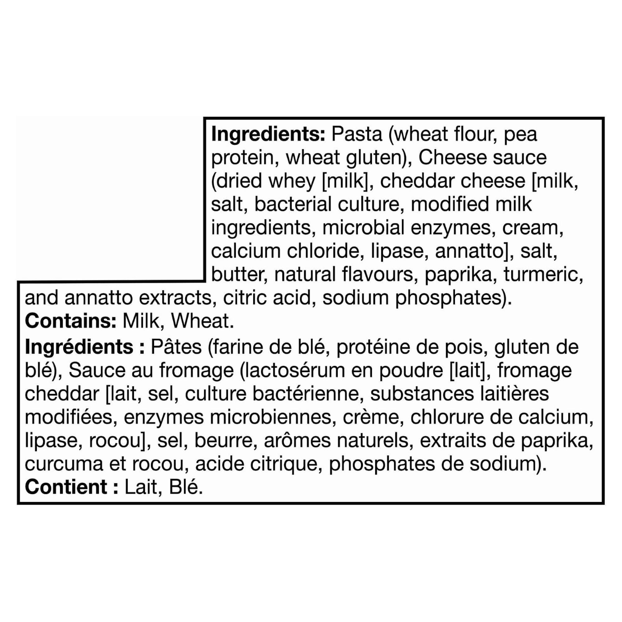 KD+ Original ingredients label listing wheat and pea protein pasta, cheddar cheese sauce, and milk and wheat allergens.
